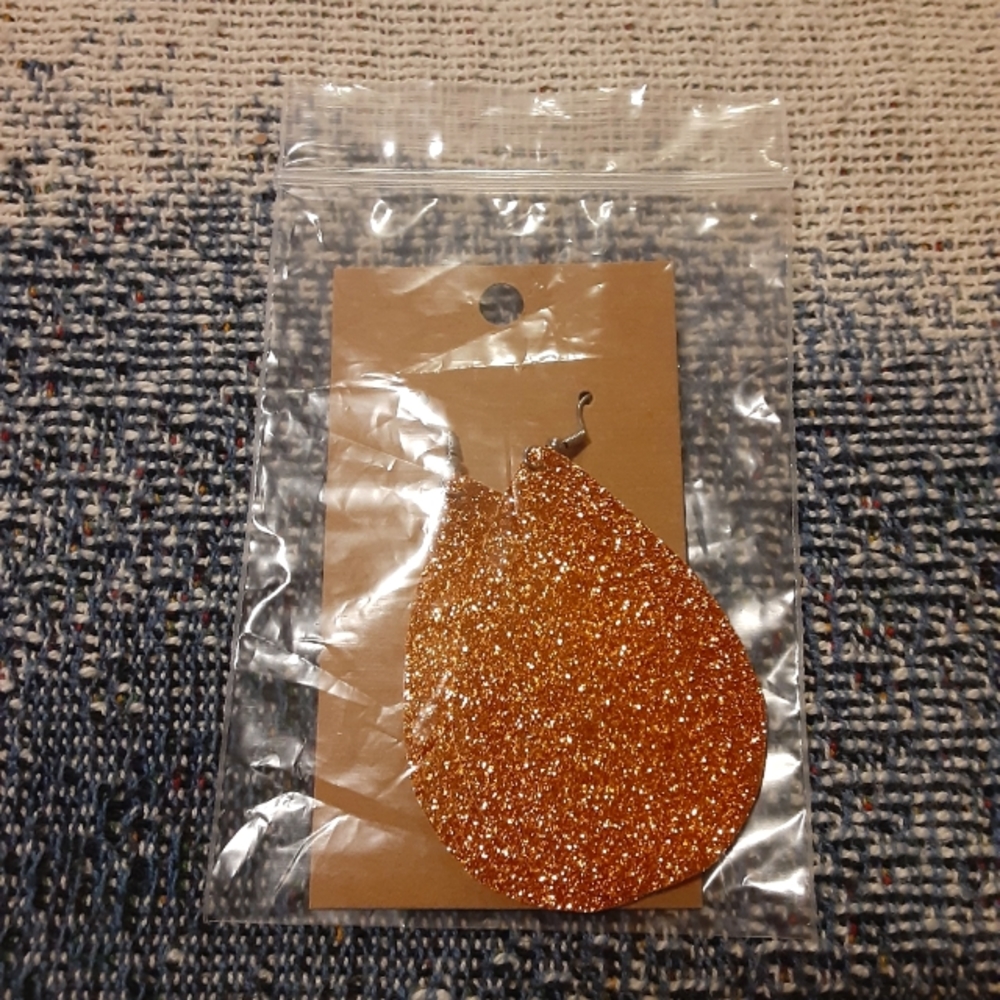 Orange Glittery Faux Leather Teardrop Earrings - Picture 2 of 2